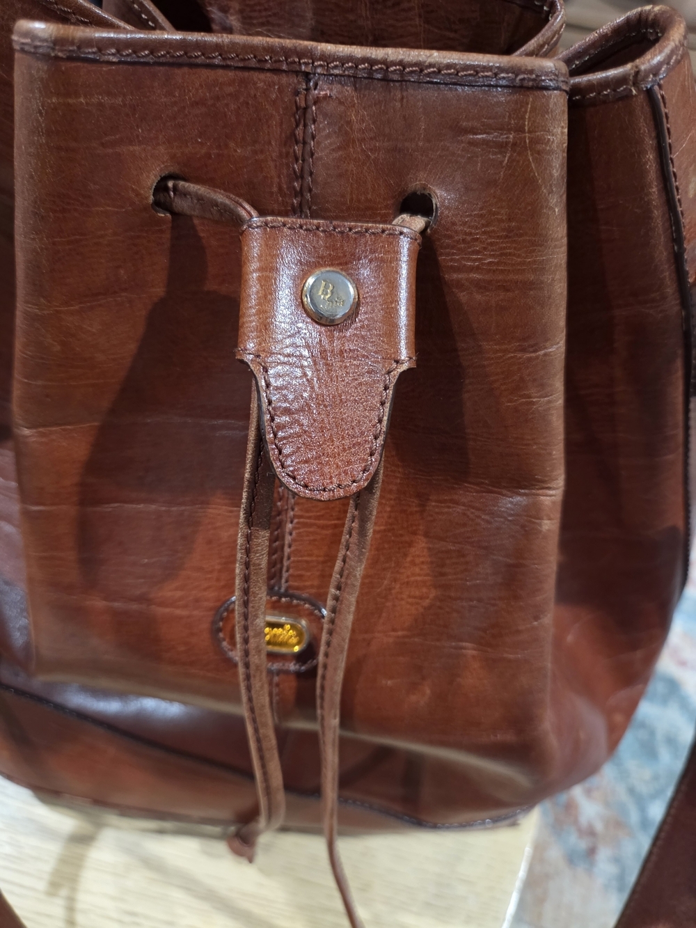 Vintage Bonia Brown Genuine Leather Drawstring Bucket Shoulder Bag - Picture 8 of 16
